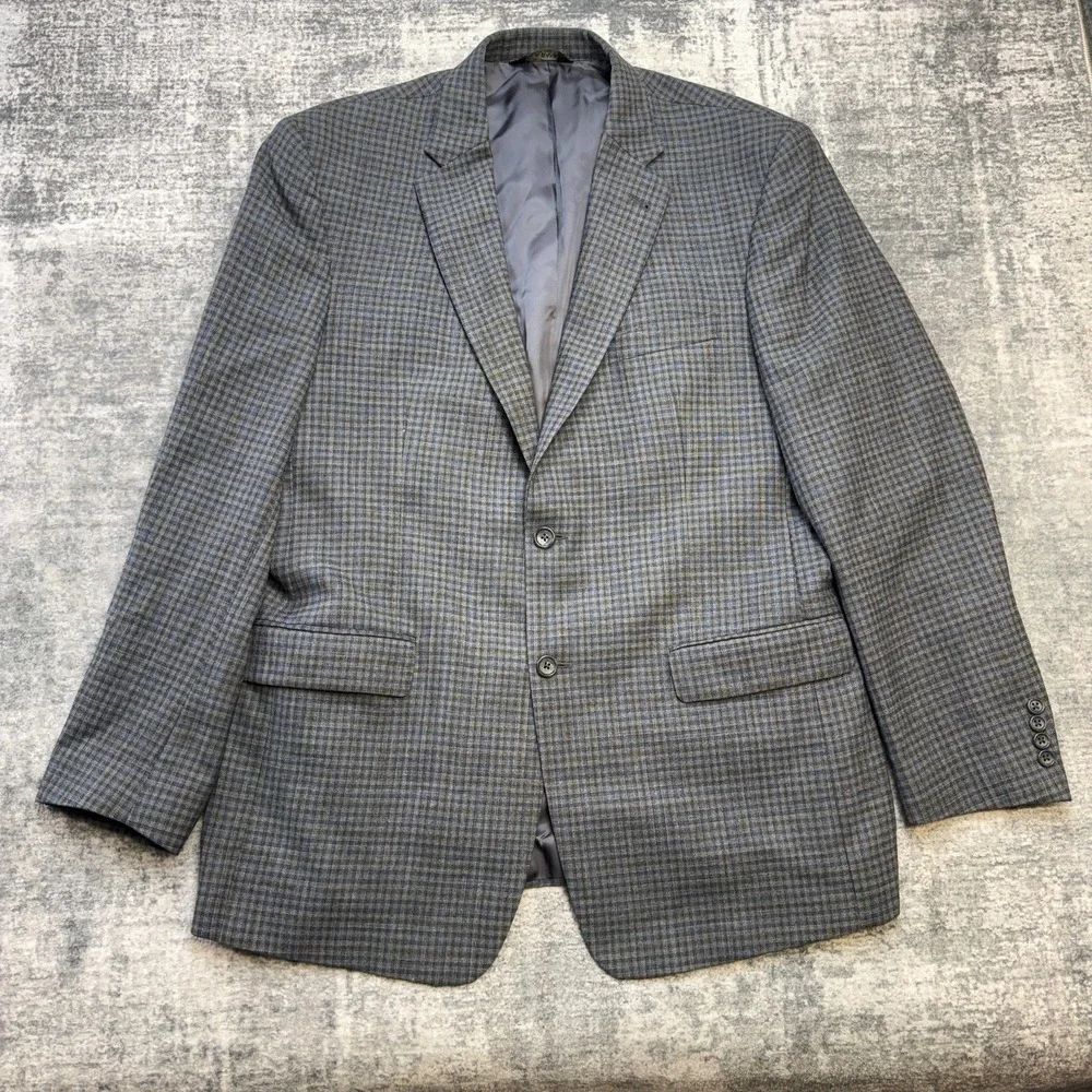 Jos A Bank Blazer Jacket MEns 44L Blue Gray Plaid Wool Sport Coat Academia Ivy